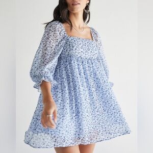 Francesca's Mi Ami Light Blue Floral Babydoll Square Neck Dress- Women's Size M
